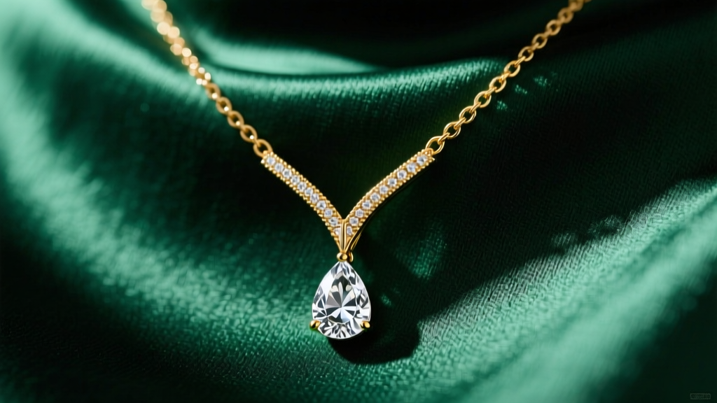 Close-up of a delicate 14k gold Vesper Y-necklace with a teardrop diamond pendant resting on dark emerald silk evening fabric.