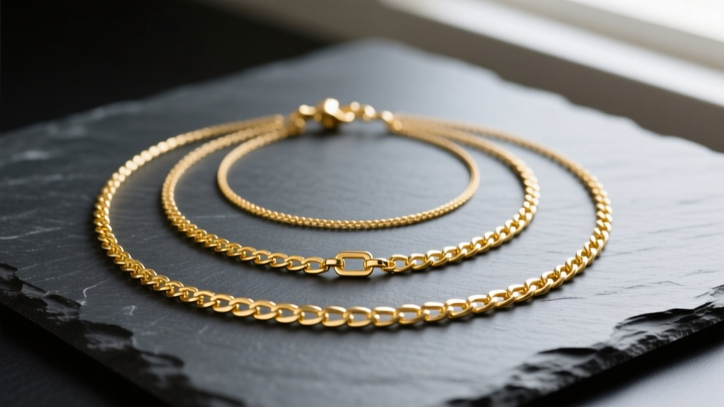 Flat lay of three gold necklaces at 14, 18, and 22 inches on dark slate, showing precise spacing for a layered jewelry stack