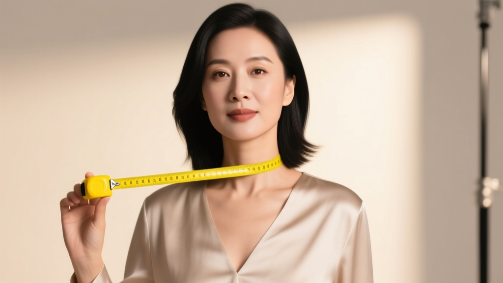 Woman measuring her neck with a yellow tape measure, showing proper choker placement just above the collarbones in soft lighting.