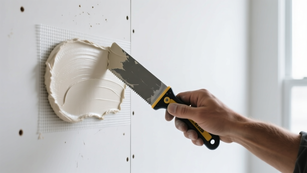 Close-up of a contractor applying joint compound with a taping knife over a fiberglass mesh patch on a white drywall surface.