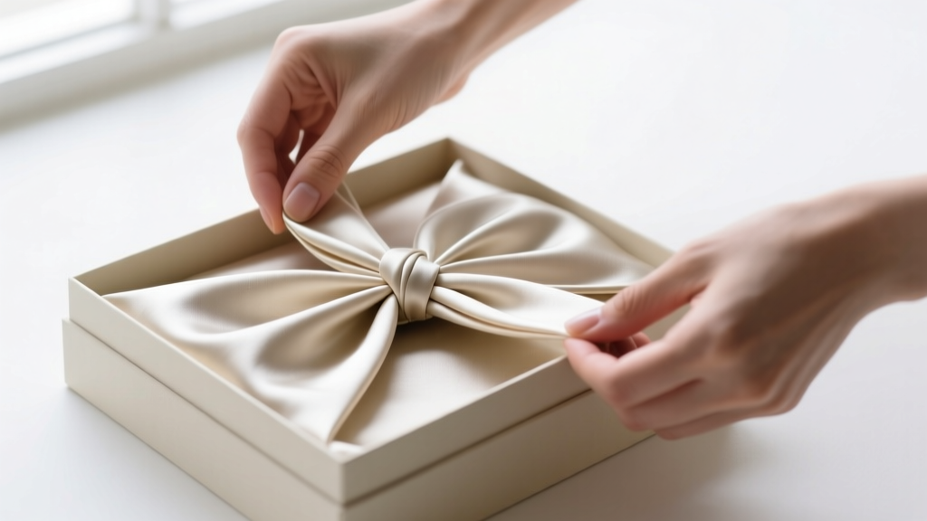 Close-up of hands folding the 300-centimeter Hanhaba Obi into a precise rectangular Bunko Musubi box bow shape.