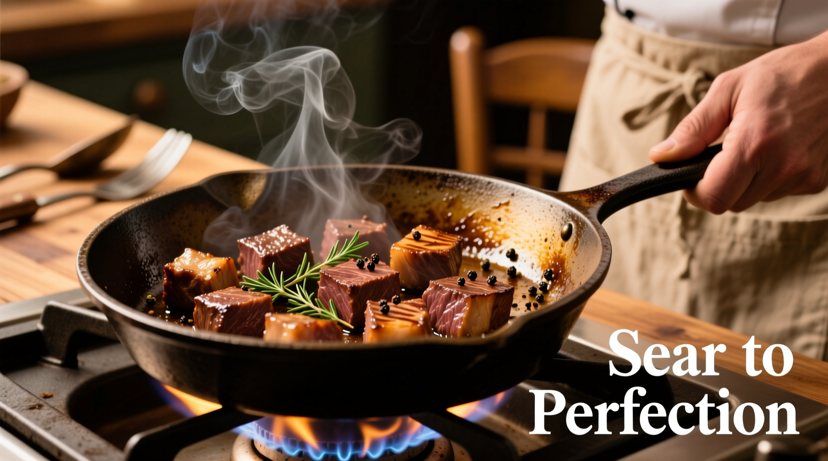 Chef browning beef cubes in cast iron skillet