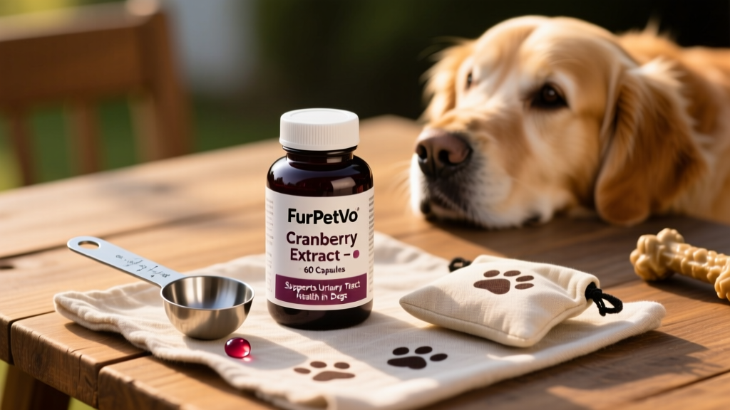 A labeled bottle of FurPetVo cranberry extract supplement beside a measuring scoop and treat pouch, showing responsible dosing