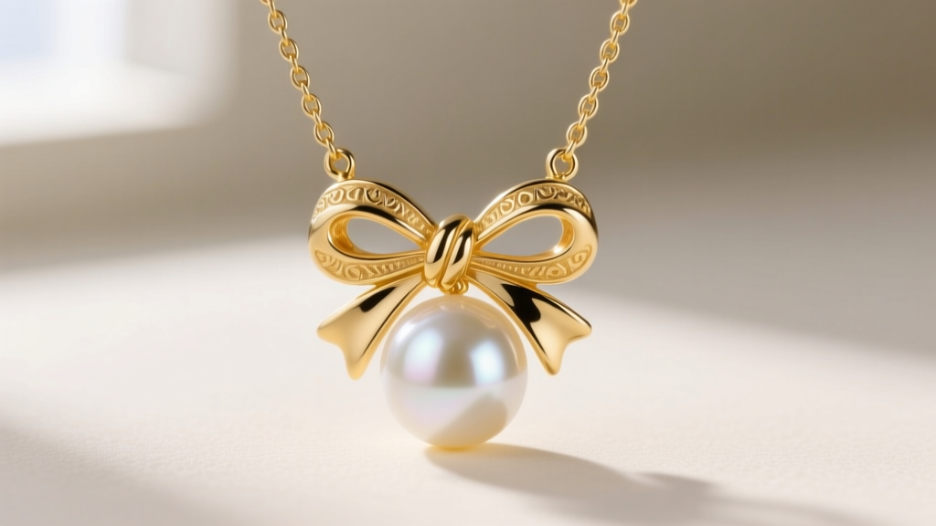 Elegant close-up of a 14k yellow gold bow pendant suspending a single 8mm AAA-grade white Akoya pearl on a fine 1.2mm cable chain.