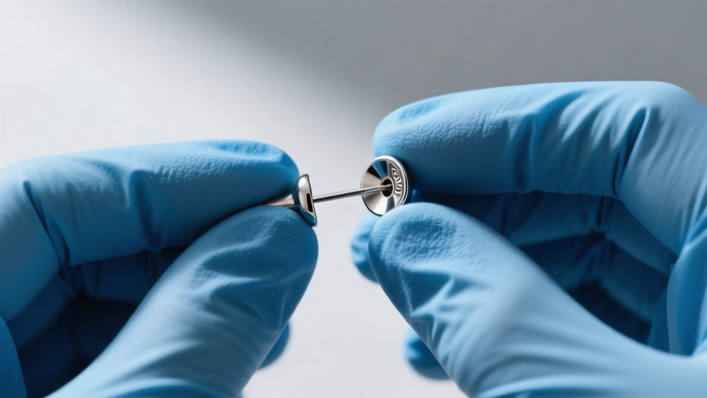 Close-up of hands in blue nitrile gloves carefully gripping a titanium push-pin earring end to demonstrate safe removal technique