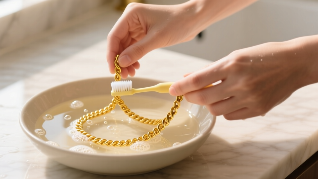 Hands using an extra-soft baby toothbrush to gently scrub a delicate 18k yellow gold rope chain in warm soapy water