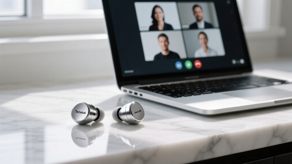 Macro close-up of Technics EAH-AZ80 silver earbuds resting on a marble countertop next to an open laptop displaying a video conference grid