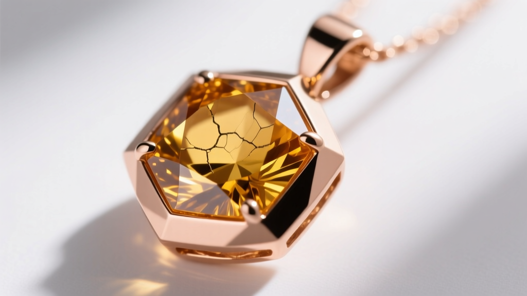 Macro shot of a 14k rose gold bezel-set geometric citrine pendant, highlighting internal inclusions and polished metal edges
