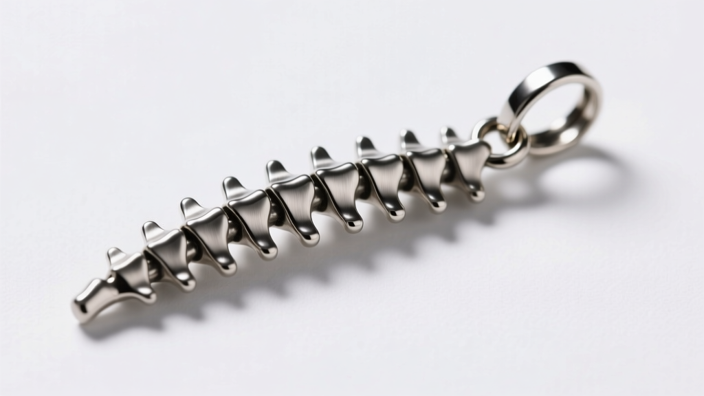 Macro photography of a surgical steel spine pendant, showcasing the brushed metal finish and secure jump rings on the vertebrae