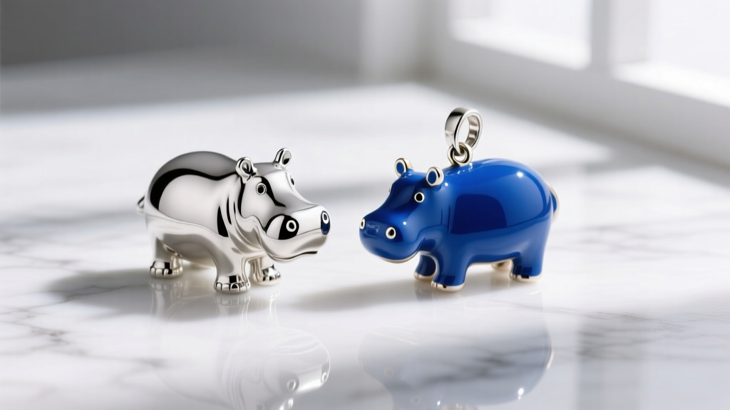 Macro shot comparing a polished sterling silver hippo charm next to a vibrant blue cold-enamel hippo pendant on white marble.