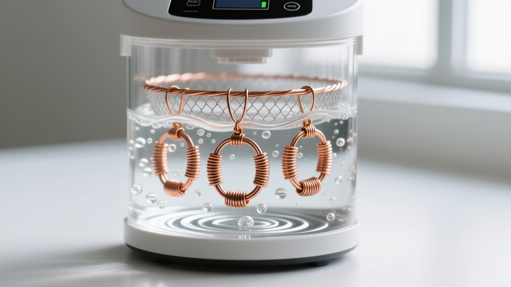 Digital ultrasonic cleaner vibrating with water, holding a mesh basket filled with raw copper wire-wrapped pendant frames.