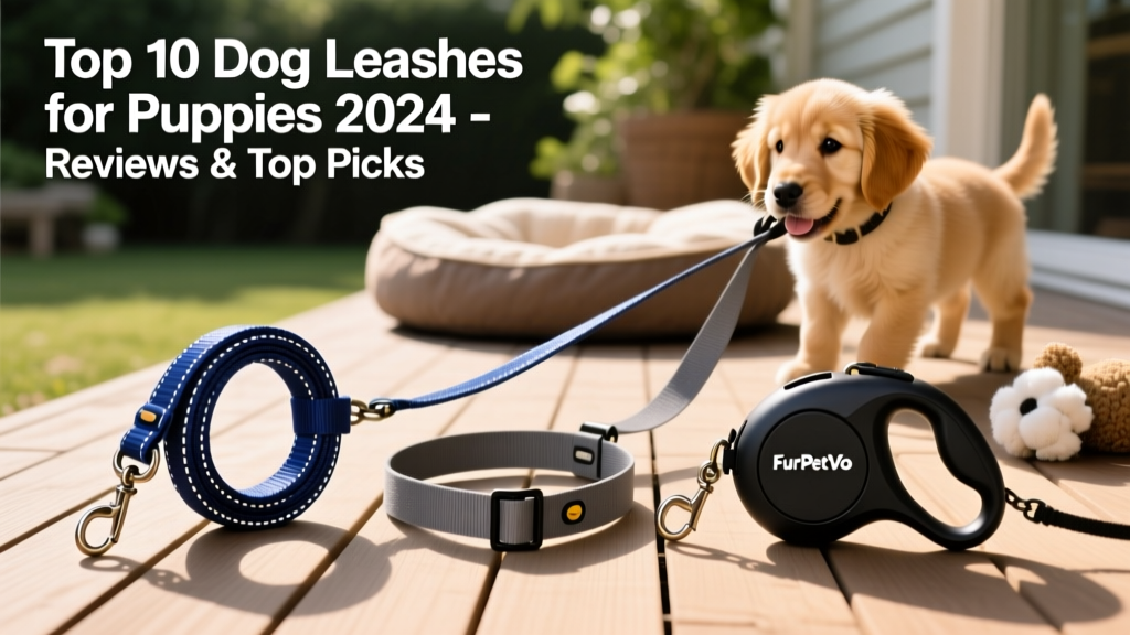Side-by-side comparison showing three different FurPetVo puppy leashes: a classic 4-foot nylon leash, a hands-free waist belt leash, and a retractable leash with brake controls