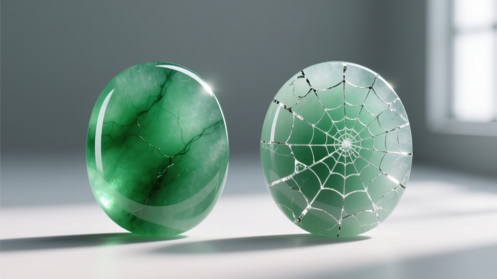 Macro photography comparing natural Type A jadeite cabochon with polymer-treated Type B jade showing surface spiderweb cracking