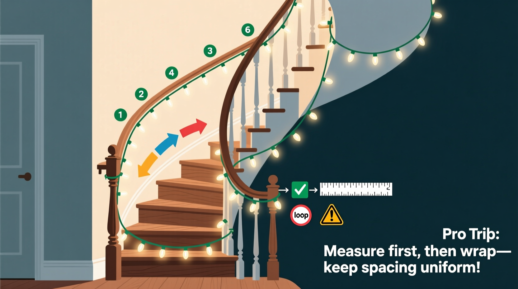 how to wrap christmas lights around a spiral staircase without creating hazardous loops or uneven spacing