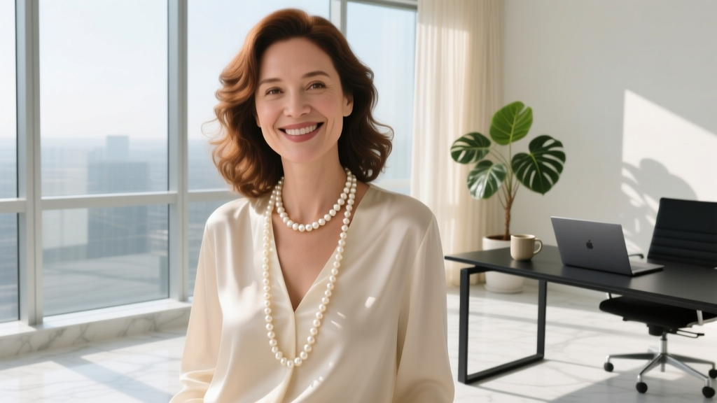 Woman wearing a cream silk blouse and an 18-inch princess-length pearl necklace, smiling softly in a sunlit modern office setting