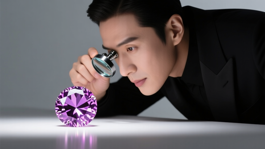 Jeweler inspecting a purplish-pink diamond with a loupe to reveal secondary hues and inclusions under focused studio lighting.