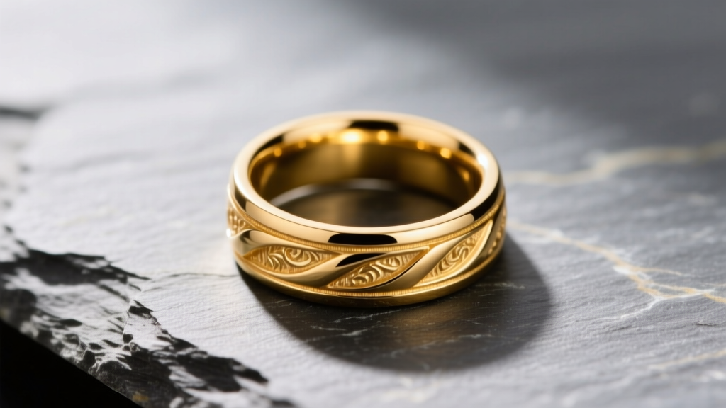 Macro shot of an 18k yellow gold signet ring on slate, highlighting the rich warm hue, polished finish, and crisp edge details.