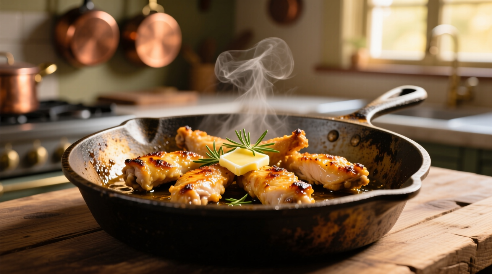 Golden chicken strips sizzling in cast iron skillet
