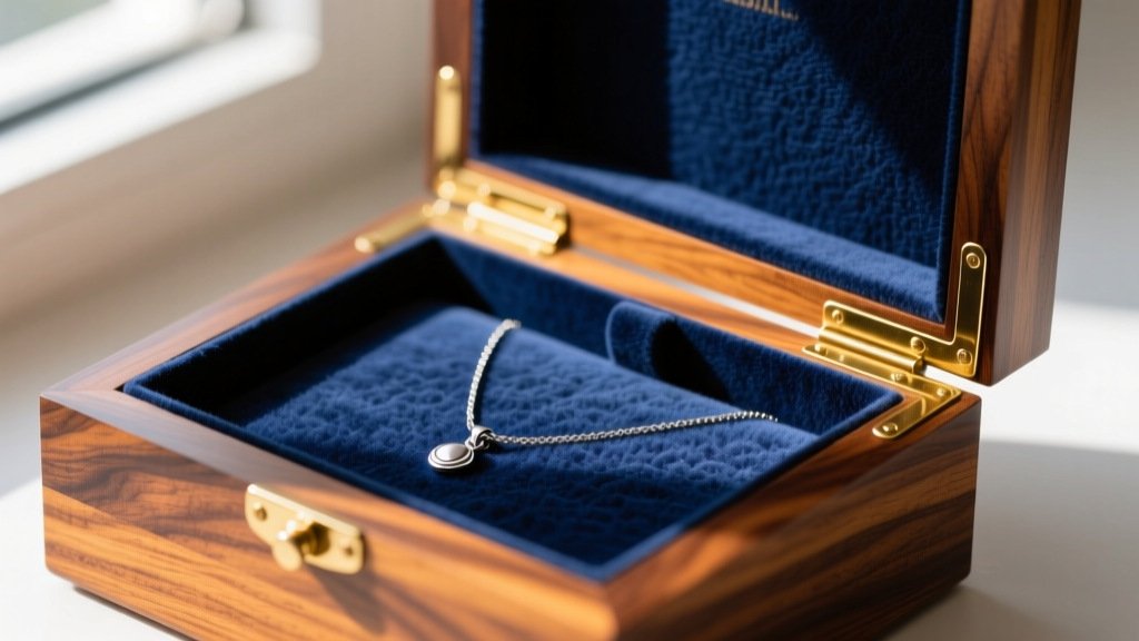 Interior of an inlaid wood jewelry box showing plush anti-tarnish flannel lining and solid brass hinges holding a silver necklace