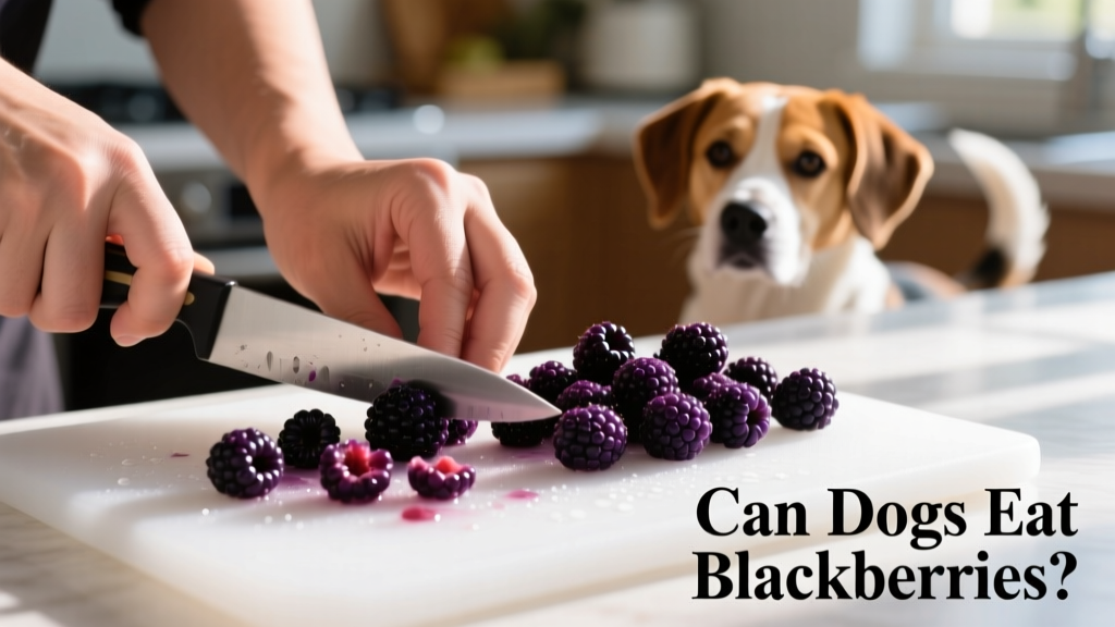 Hand cutting fresh blackberries into smaller pieces on a clean cutting board