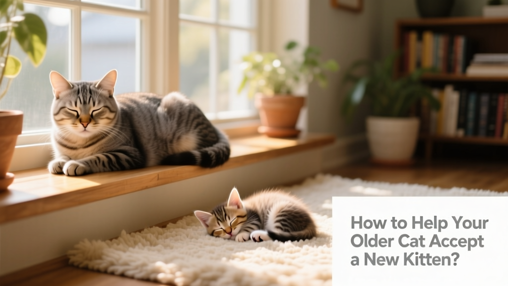 An older cat resting peacefully on a sunlit windowsill while a kitten naps quietly nearby on a soft rug