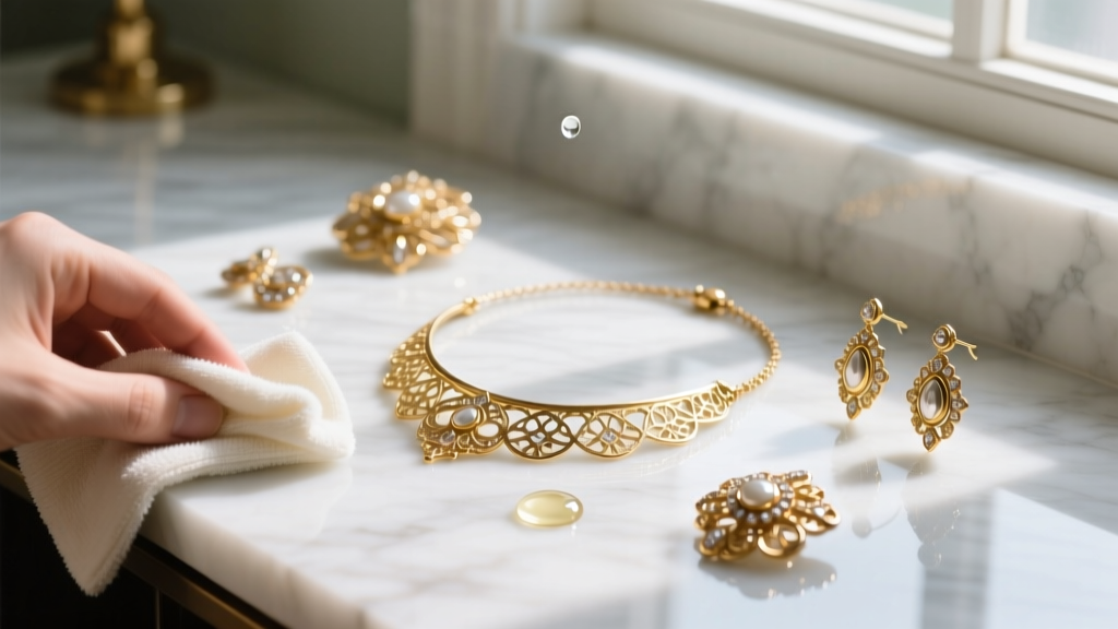 Vintage gold-plated costume jewelry cleaned with a soft microfiber cloth and pH-neutral liquid on a bright marble vanity surface.