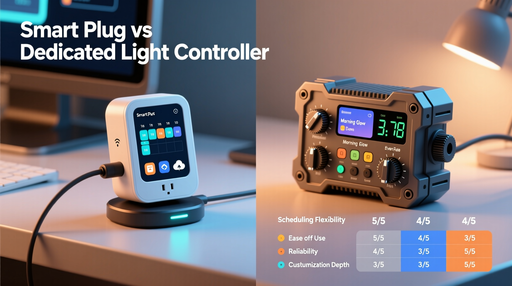 smart plug vs dedicated light controller which offers better scheduling for rotating displays