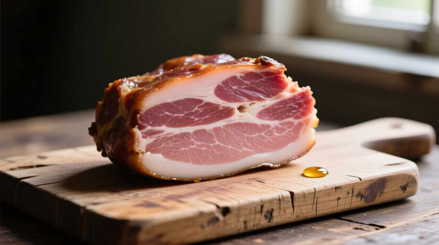 Sliced cured ham on wooden cutting board