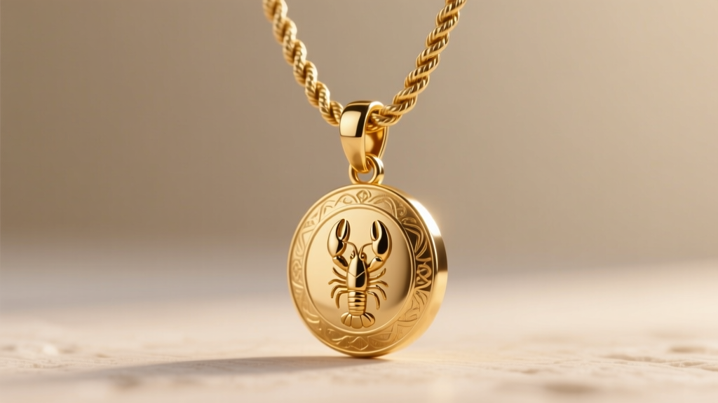 A heavy gold pendant hanging from a thick rope chain, with a sturdy lobster clasp visible in the softly lit background.