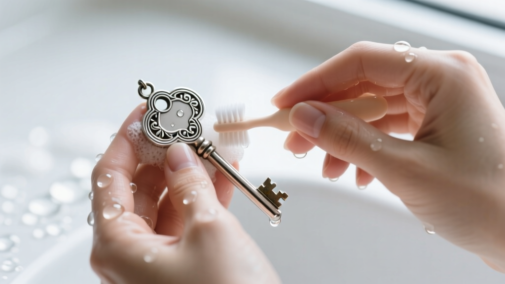 Hands gently scrubbing intricate grooves of a silver key pendant with an ultra-soft baby toothbrush and soapy distilled water.