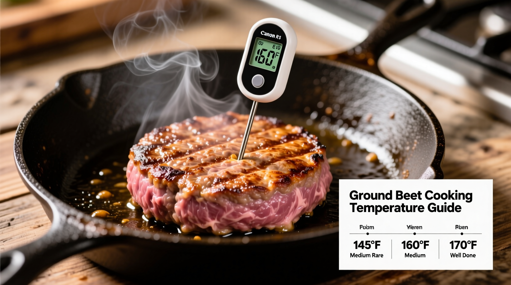 Ground beef cooking temperature chart showing thermometer in patty