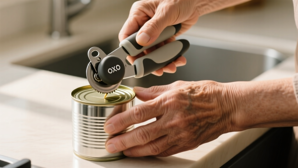 Close-up of a person with arthritis using an ergonomic OXO Good Grips smooth edge manual can opener on a silver soup can