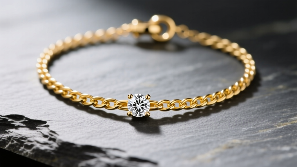 Close-up of a bezel-set tiny diamond necklace on slate, showing 14k yellow gold cable chain links and a small lobster clasp.