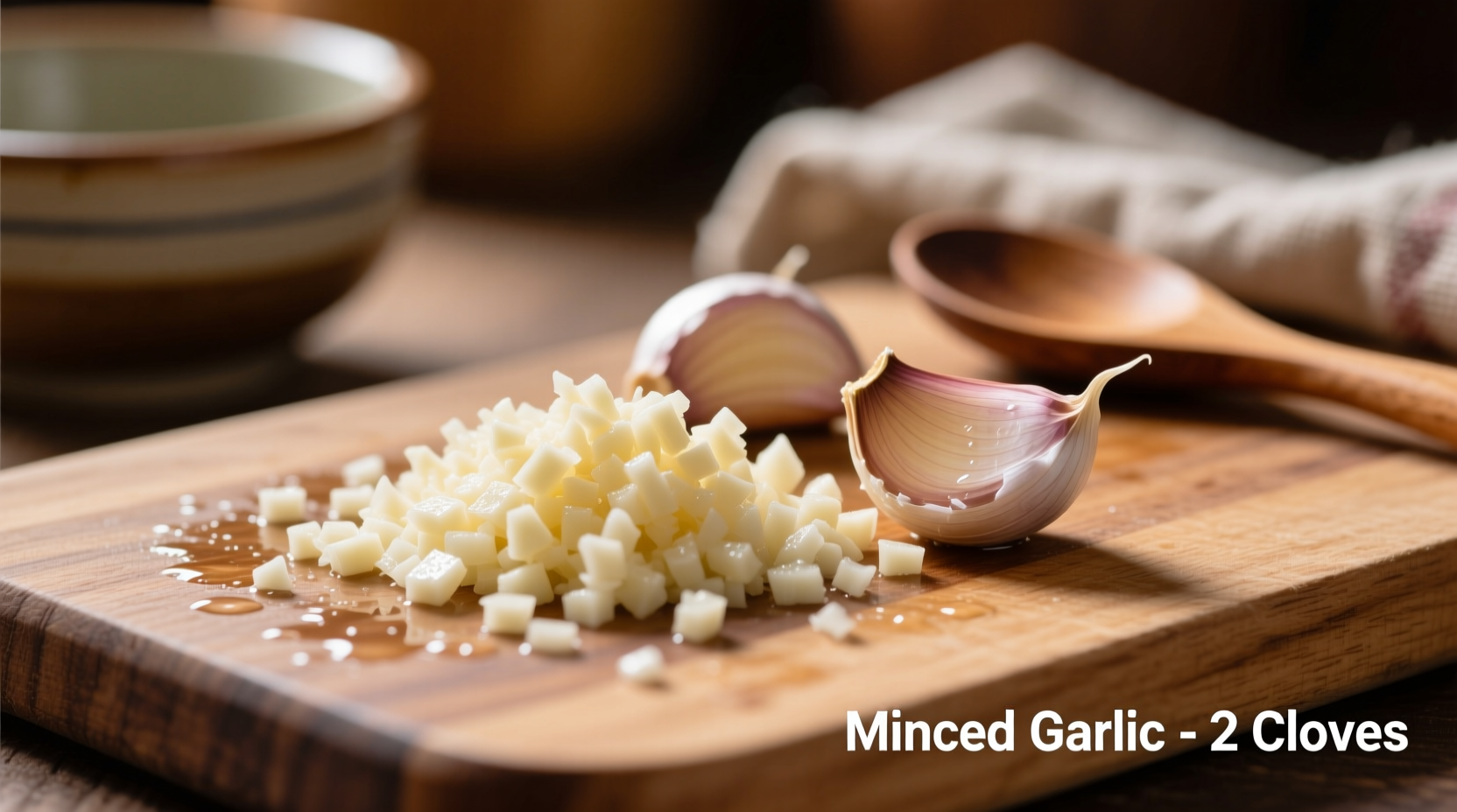 Two garlic cloves next to teaspoon showing minced equivalent
