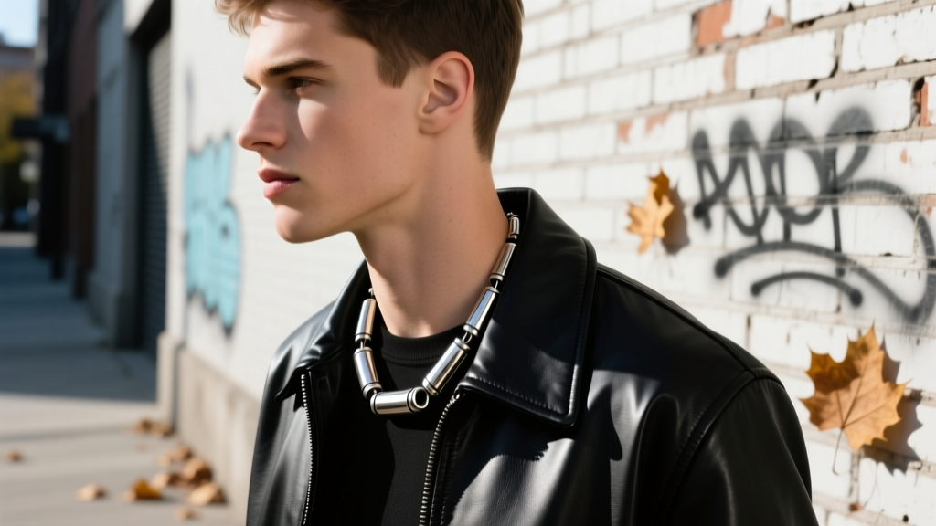 Side profile of a man wearing a tarnished sterling silver bullet casing necklace over a black leather jacket, street style shot.