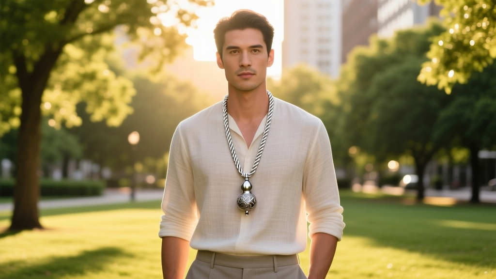 Man wearing a 20-inch sterling silver rope chain with a small mate gourd pendant outdoors in bright, warm natural sunlight.