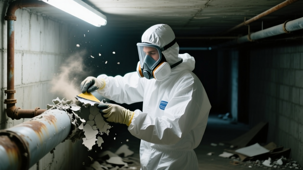 Certified abatement worker in white Tyvek suit removing friable asbestos pipe insulation in a dimly lit commercial basement