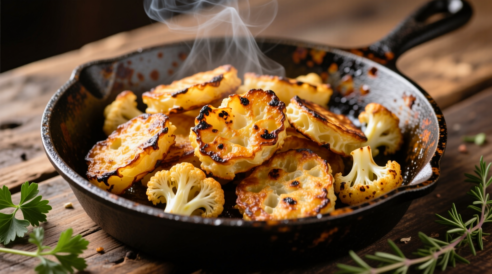 Crispy golden cauliflower hash browns on cast iron skillet