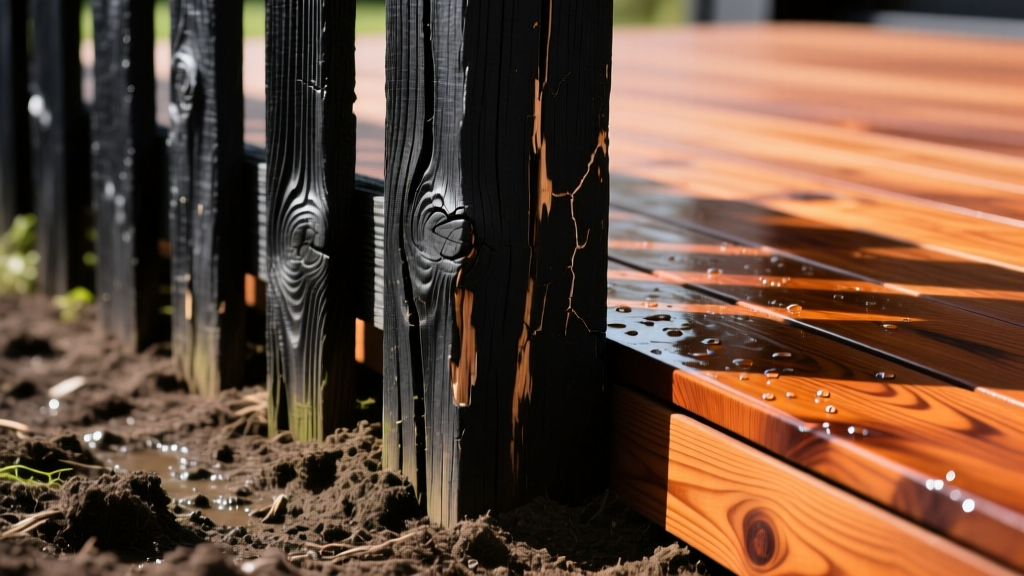 Close-up of weathered black locust fence posts in direct soil contact next to freshly oiled western red cedar deck boards