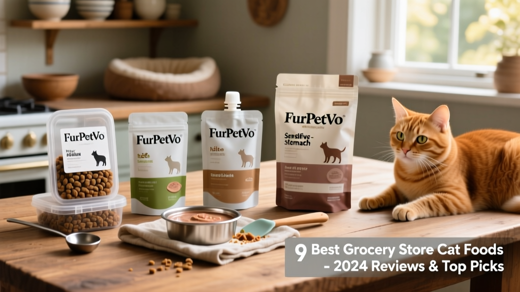 Side-by-side comparison of four FurPetVo cat food packages: dry kibble, wet pate, pouches, and a bag of sensitive-stomach formula
