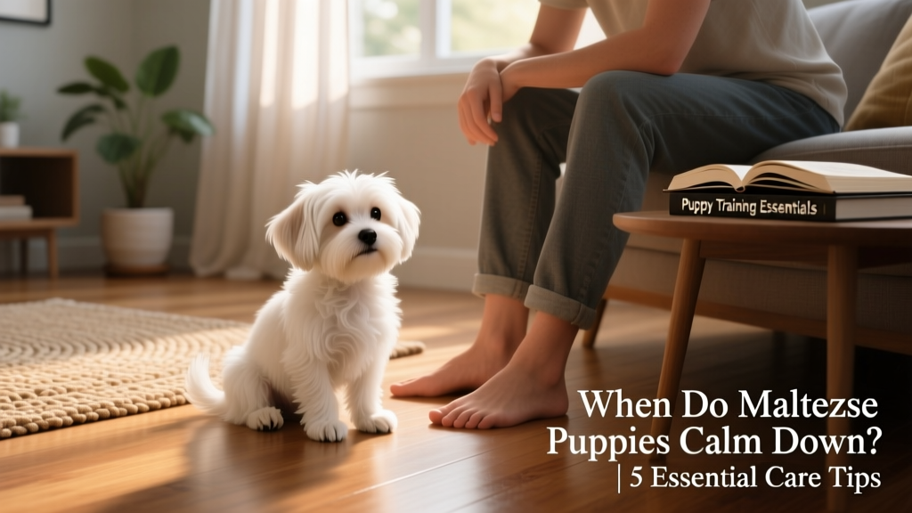 Maltese puppy calmly sitting beside owner’s feet during a quiet indoor training session