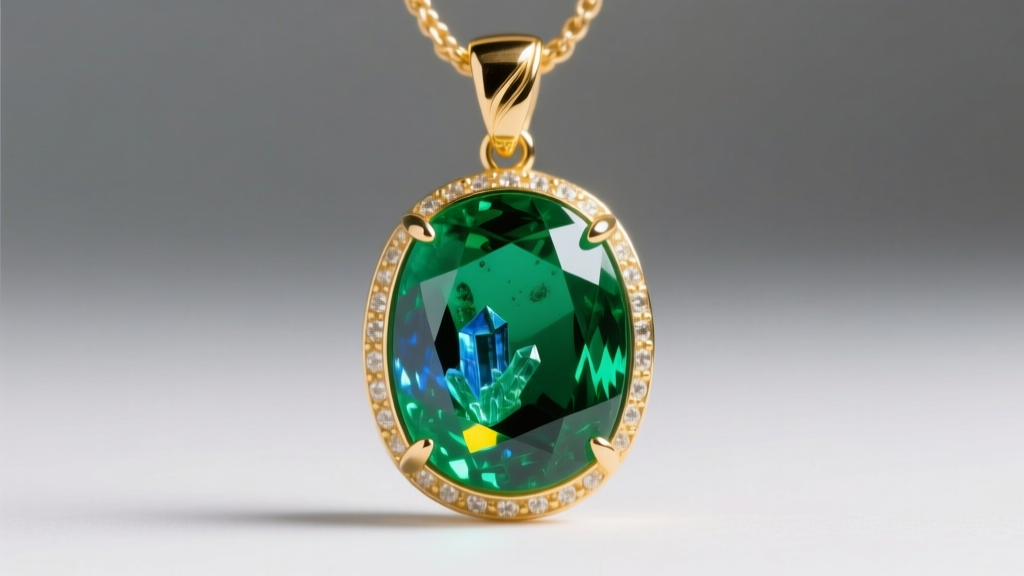 Macro shot of a green Colombian emerald pendant in 18k gold, showing natural inclusions under soft diffused studio lighting