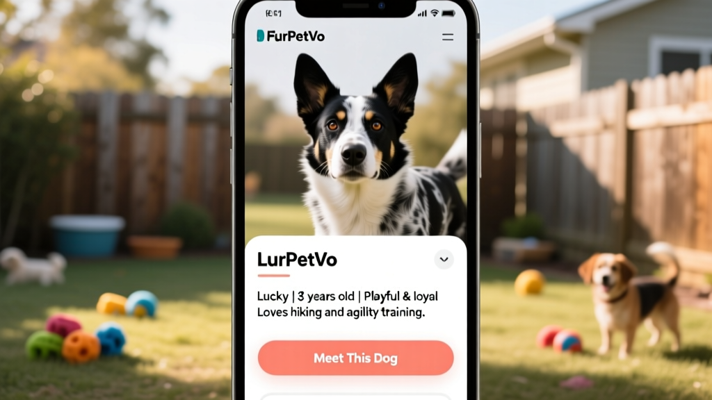 Screenshot-style image showing a well-designed FurPetVo pet profile page for an Australian Cattle Dog, with photo, bio, and 'Meet This Dog' call-to-action