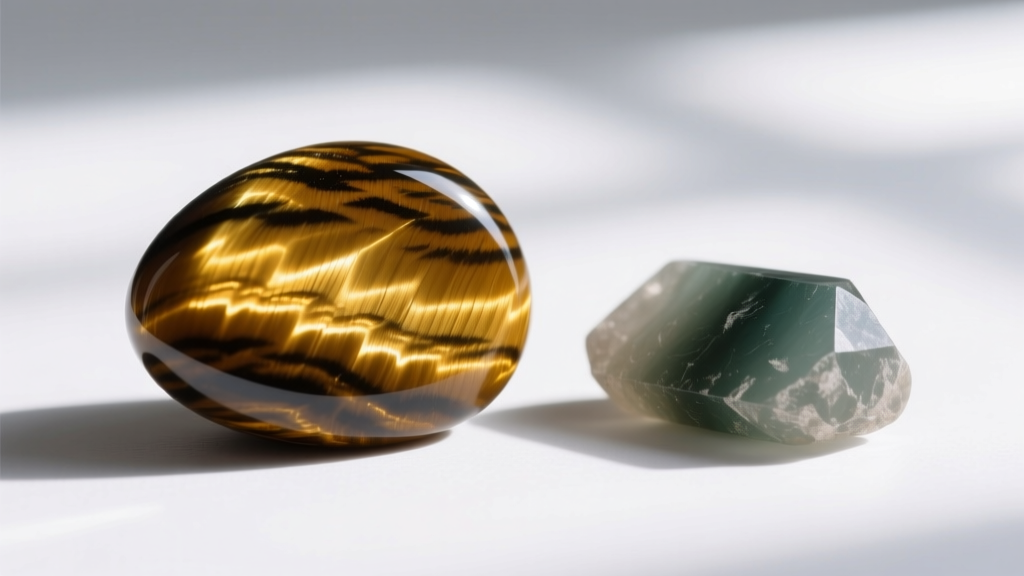 Macro view of genuine tiger eye displaying sharp chatoyancy beside a dull, dyed quartz imitation on a plain white surface.