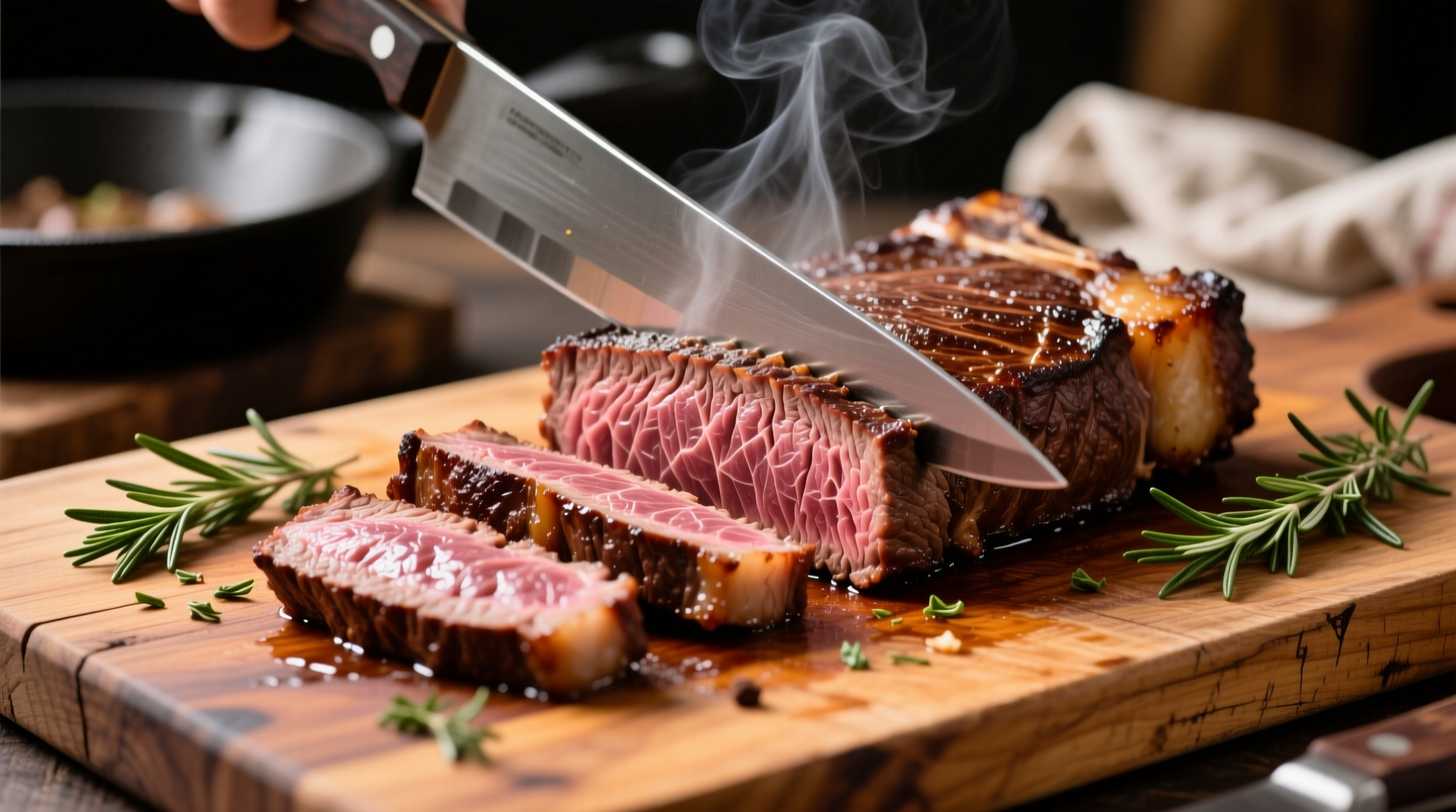Perfectly cooked flank steak sliced against the grain on wooden board
