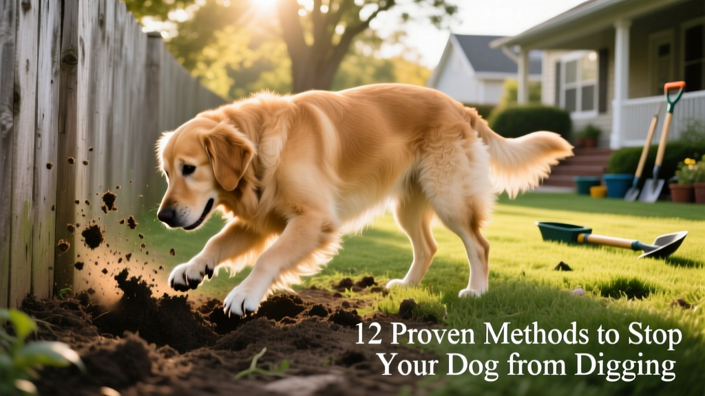 Side view of a dog digging near a wooden fence, illustrating common problem areas