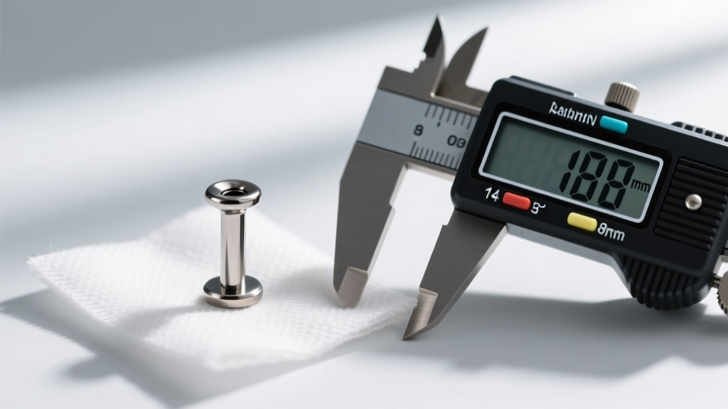 Macro shot of a 14-gauge titanium flat-back labret post on sterile gauze beside a digital caliper measuring exactly 8mm in length.
