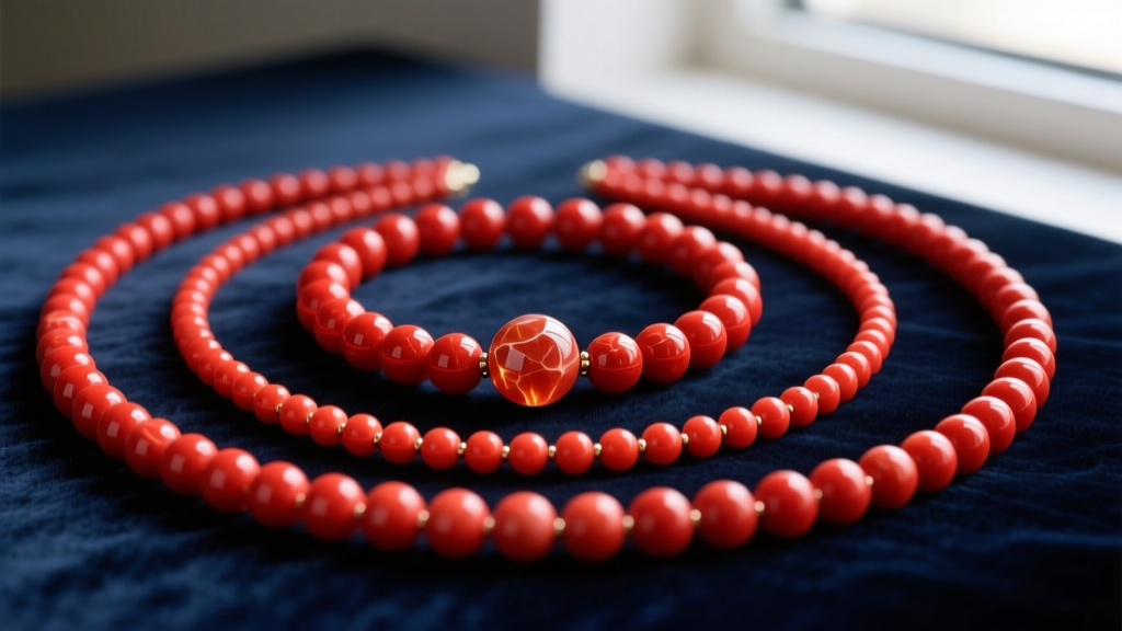 Flat lay of five red coral bead strands showing extreme graduation from large 18mm center stones to tiny 4mm end beads on velvet.