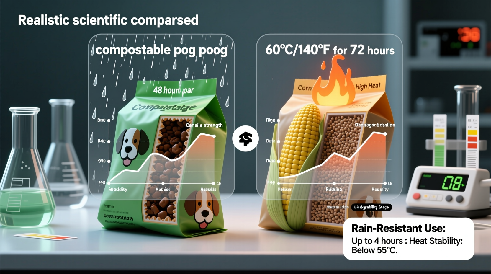compostable vs cornstarch dog bags rain heat test