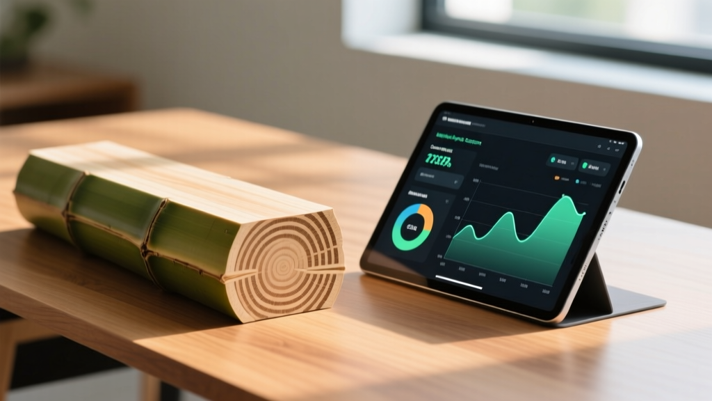 Cross-section of engineered bamboo lumber next to a digital tablet displaying life cycle assessment carbon footprint graphs on a wooden desk